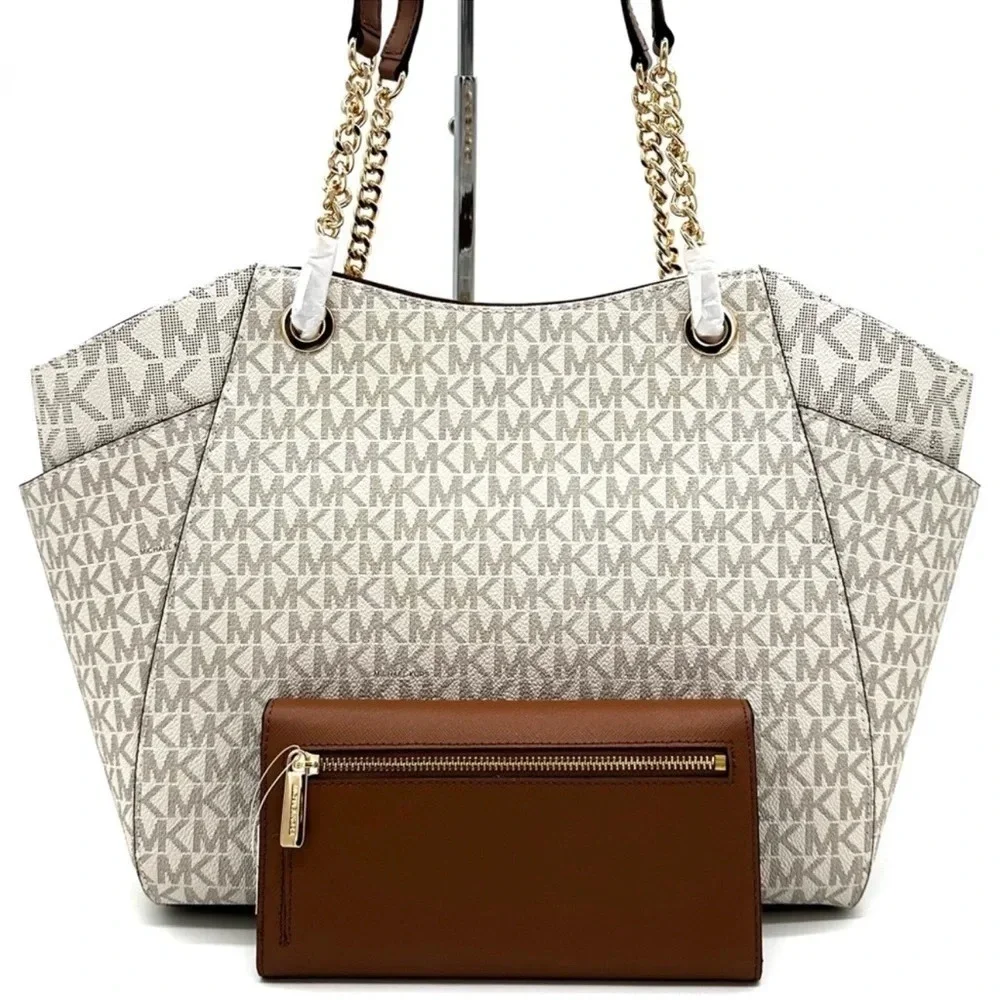 Michael Kors Large Jet Set Travel Chain Shoulder Bag & Trifold Wallet Vanilla - Picture 5 of 14